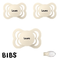 Bibs Supreme Schnuller mit Namen, Symmetrisch, Silikon, Gr. 1, Ivory, 3'er Pack